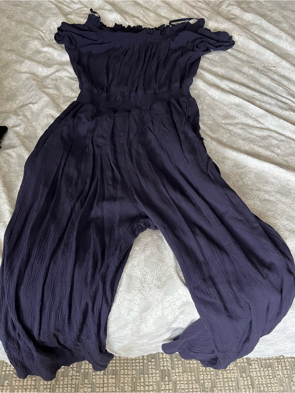 Luxology Navy Off-Shoulder Wide-Leg Jumpsuit